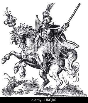 Dieses Kunstwerk zeigt einen polnischen Husaren aus der ersten Hälfte des 16. Jahrhunderts. Der Husar wird in voller Kampfausrüstung gezeigt, was die charakteristischen Rüstungen und Waffen dieser Elite-Kavallerieeinheit Polens während der Renaissance widerspiegelt. Stockfoto