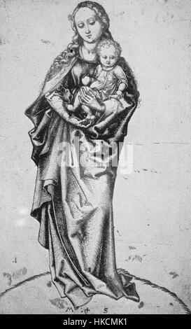 *Die stehende Madonna mit dem Apfel* von Martin Schongauer, auch bekannt als *die Jungfrau mit dem Apfel*, ist ein deutscher Kupferstich aus dem 15. Jahrhundert, der die Madonna mit einem Apfel darstellt und Unschuld und Rettung symbolisiert. Stockfoto