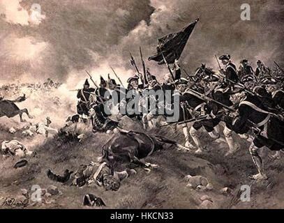 Die Schlacht bei Dettingen, die 1743 ausgetragen wurde, war die letzte Schlacht, in der ein britischer Monarch Truppen persönlich in den Kampf führte. Das Gemälde fängt den Moment des Konflikts ein und zeigt den Sieg der britischen und österreichischen Streitkräfte über die Franzosen während des Österreichischen Erbfolgekrieges. Die Schlacht war ein entscheidender Moment in der europäischen Geschichte. Stockfoto