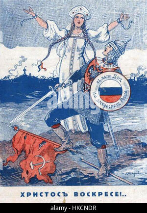 Dieses Vintage-Poster aus der Zeit des russischen Bürgerkriegs wirbt für den Slogan „der Christus ist auferstanden“ als Teil religiöser und nationalistischer Botschaften. Sie spiegelt die turbulente Periode des frühen 20. Jahrhunderts in Russland und die Rolle der Religion in politischen Bewegungen während der Revolution wider. Stockfoto
