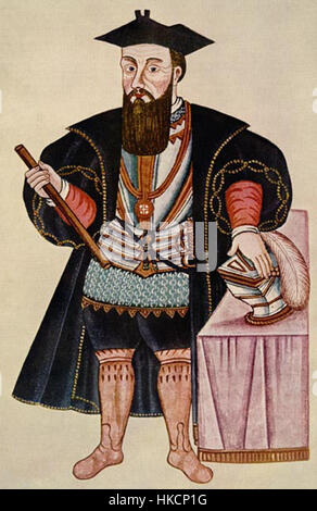 Ein Porträt von Vasco da Gama, dem berühmten portugiesischen Entdecker, der für seine Pionierreisen nach Indien bekannt ist. Das Kunstwerk unterstreicht seine Bedeutung für die weltweite Erforschung und seine Rolle im Zeitalter der Entdeckung. Stockfoto