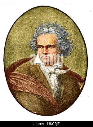 Ein Porträt des berühmten deutschen Komponisten Ludwig van Beethoven, gemalt im klassischen Stil. Das Bild spiegelt Beethovens Status als einer der größten Komponisten der westlichen Musikgeschichte wider. Stockfoto