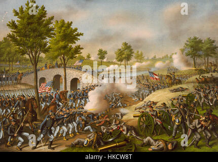 Die Schlacht von Antietam, die 1862 während des Amerikanischen Bürgerkriegs ausgetragen wurde, ist in verschiedenen Kunstwerken dargestellt. Die Schlacht war eine der blutigsten eintägigen Schlachten der amerikanischen Geschichte, mit bedeutendem militärischem und historischem Einfluss. Stockfoto