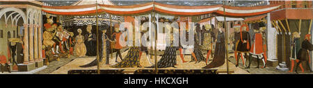 Die Cassone Adimari ist eine reich verzierte italienische Kommode aus der Renaissance, mit aufwendigen Entwürfen und bemalten Tafeln, die historische und mythologische Szenen darstellen. Es ist ein Beispiel für den Luxus und die Handwerkskunst des italienischen Renaissancespezials. Stockfoto
