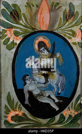 Ein Hinterglasbild aus dem 19. Jahrhundert, das den heiligen Martin und den Bettler darstellt, eine klassische religiöse Szene aus dieser Zeit. Stockfoto