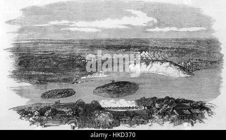 Diese Illustration aus *The Illustrated London News* zeigt Giurgevo, Rumänien, 1854. Das Bild spiegelt das historische Erscheinungsbild der Stadt in der Mitte des 19. Jahrhunderts wider, mit Details über die Architektur und das lokale Leben. Stockfoto