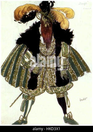 „Josephslegende“ von L. Bakst ist ein Meisterwerk, das die biblische Geschichte Josephs darstellt und Elemente des Balletts und der Oper einbezieht. Das Werk spiegelt den Fokus des Künstlers auf dramatische Ausdrucksformen und Theatergestaltung wider. Stockfoto