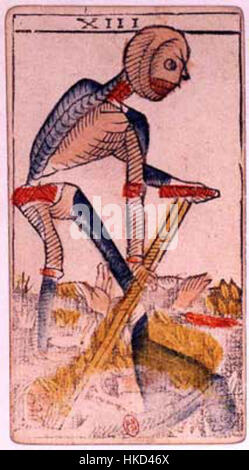 Dieses Kunstwerk zeigt eine Darstellung von Trump 13 aus Jean Dodals Tarot-Deck. Diese Karte ist für ihre reiche Symbolik bekannt und stellt den Tod dar, ein zentrales Thema im Tarot, das Transformation, Veränderung und den Übergang zwischen Leben und Tod widerspiegelt. Stockfoto