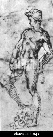 Michelangelos Studie für den „David“ im Louvre mit dem Titel „Studio per il David de Rohan“ zeigt die Vorarbeit und Vorbereitung des Künstlers für eine seiner kultigsten Skulpturen. Die Zeichnung erfasst die sorgfältige anatomische Untersuchung und Komposition, die die endgültige Marmorstatue Davids definiert hat. Stockfoto