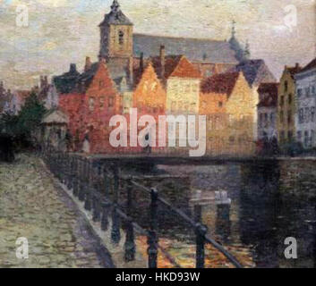 Dieses Gemälde fängt eine Szene am Quai de la Paille in Brügge ein und zeigt die malerischen Kanäle und die traditionelle Architektur der Stadt. Der Künstler verwendet detaillierte Pinselarbeiten, um die ruhige Schönheit des Ortes hervorzuheben. Stockfoto