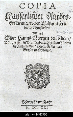 Das Gemälde „Reichsachte gegen Friedrich V.“ zeigt den historischen Moment, als das Heilige Römische Reich während des Dreißigjährigen Krieges gegen den Kurfürsten Friedrich V. ein Verbot ausrief. Das Kunstwerk fängt diesen politischen und militärischen Konflikt ein. Stockfoto