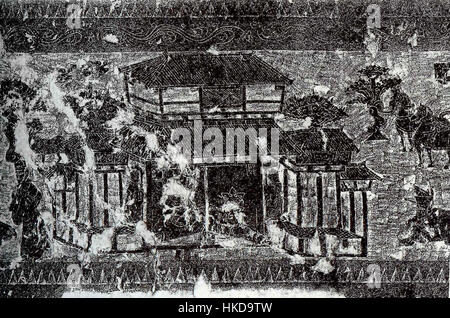 Diese Reibung zeigt eine Steininschrift aus der Han-Ära, die eine detaillierte Aufzeichnung historischer Ereignisse oder Proklamationen aus dieser Zeit liefert. Die Technik des Reibens wurde verwendet, um die zarten Schnitzereien an antiken Denkmälern zu erhalten, die einen Einblick in die Kultur und Geschichte der Han gaben. Stockfoto