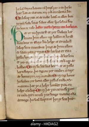 „Gulatingslova“ ist ein altes Manuskript oder Kunstwerk mit historischem Text und Illustrationen. Das Stück zeigt komplizierte Handschriften und dekorative Elemente, die typisch für die Vintage-Kalligraphie sind und den historischen Stil der Zeit widerspiegeln, in der es geschaffen wurde. Stockfoto
