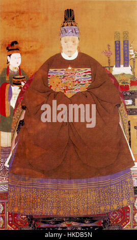 Dieses Porträt zeigt eine Adlige aus der Ming-Dynastie mit traditioneller chinesischer Kleidung und komplizierten Details, die typisch für diese Zeit sind. Das Gemälde hebt die Mode und ästhetischen Werte der Zeit hervor, wobei der Schwerpunkt auf dem kulturellen Erbe und dem künstlerischen Ausdruck liegt. Stockfoto