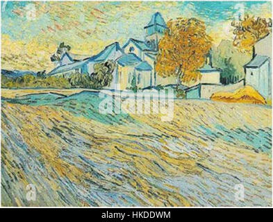 Dieses Gemälde aus dem 19. Jahrhundert bietet einen Blick auf das Heim und die Kapelle in Saint Remy, wo Vincent van Gogh Zeit verbrachte. Das Gemälde unterstreicht die ruhige, aber düstere Atmosphäre des Ortes. Stockfoto