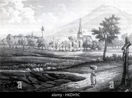 Dieses Ölgemälde aus dem Jahr 1850 zeigt die Stadt Bensheim in Deutschland und zeigt ihre historische Architektur und die Landschaft um sie herum. Das Werk bietet einen Einblick in das Leben in der Mitte des 19. Jahrhunderts und erfasst die kulturellen und architektonischen Details dieser Zeit. Stockfoto
