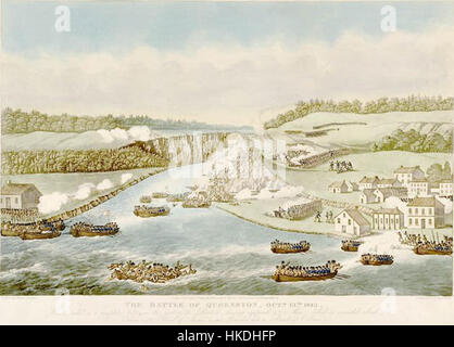 Das Gemälde „Battle of Queenston Heights“ zeigt einen entscheidenden Moment während des Krieges von 1812 und zeigt die britischen und amerikanischen Streitkräfte in der Nähe des Niagara River. Das Bild fängt die Intensität und Bedeutung der Schlacht im Kontext der größeren Ereignisse des Krieges ein. Stockfoto