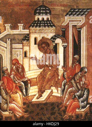 Dieses religiöse Kunstwerk stellt einen 12-jährigen Jesus im Tempel dar und veranschaulicht seine Weisheit und sein Verständnis, wie in der Bibel beschrieben. Das Gemälde spiegelt die spirituelle Bedeutung Jesu frühem Leben und seine Verbindung zu heiligen Lehren wider. Stockfoto