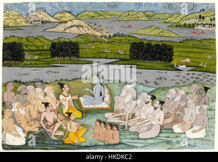 Dieses indische Gemälde aus der Zeit um 1760 zeigt den Weisen Sukhadeva an König Parikshit, eine Episode aus dem Mahabharata. Das Kunstwerk beleuchtet die spirituellen und philosophischen Themen des Epos. Stockfoto
