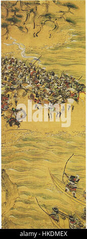 *Genpei Kassen EZU.9 Yasima* ist ein japanischer Holzschnitt aus der Genpei-Krieg-Serie, der eine entscheidende Schlacht zwischen den Genji-Clans und Heike darstellt. Das Bild fängt die Intensität und Bewegung des Kampfes mit Kriegern in dynamischen Posen ein. Stockfoto