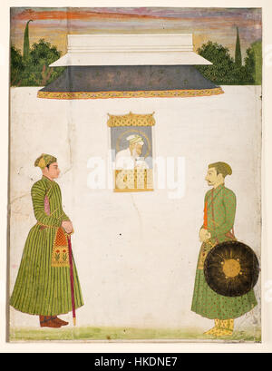 Dieses Kunstwerk aus dem frühen 18. Jahrhundert zeigt Kaiser Aurangzeb, den sechsten Mogul-Kaiser von Indien, an einem Jharokha-Fenster, ein traditionelles Element der Mogul-Architektur. Im Vordergrund stehen zwei Adlige, die die Pracht des Mogul-Hofes einnehmen. Das Gemälde ist im San Diego Museum of Art untergebracht und zeigt die königliche Präsenz des Kaisers und den Stil der Mogulporträts. Stockfoto