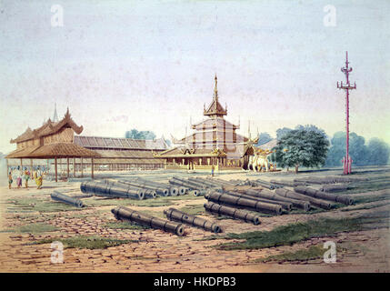 Der Palast des Weißen Elefanten in Amarapura, Myanmar, ist ein historisch bedeutsames Gebäude. Bekannt für die Heimat der heiligen weißen Elefanten, hat es kulturelle und religiöse Bedeutung in Myanmars königlichem Erbe. Diese Struktur repräsentiert die Opulenz der burmesischen Monarchie des 19. Jahrhunderts und ihre Hingabe an religiöse Traditionen. Stockfoto