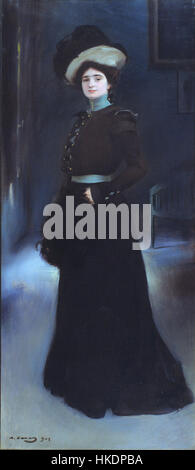 Dieses Kunstwerk von Ramon Casas zeigt Isabel Llorach, die ihre Eleganz und ihren Charme in einem Porträt einfängt. Casas, eine führende Persönlichkeit der modernen katalanischen Kunst, ist bekannt für seine Fähigkeit, sowohl die Schönheit als auch die Persönlichkeit seiner Untertanen darzustellen, was die moderne Gesellschaft der Zeit widerspiegelt. Stockfoto