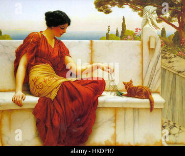 „The Tease“, ein Gemälde von John William Godward aus dem Jahr 1901, zeigt eine junge Frau, die mit einer Katze interagiert, typisch für Godwards Aufmerksamkeit für klassische Schönheit und Eleganz, die sein Werk als britischer Künstler im späten 19. und frühen 20. Jahrhundert prägen. Stockfoto