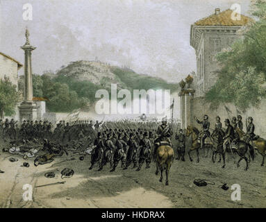 Dieses Gemälde zeigt Garibaldis Truppen während der Schlacht von Varese im Jahr 1859. Es zeigt Soldaten, die mit General Giuseppe Garibaldi zu Pferd marschieren und den Kampf für die Unabhängigkeit Italiens in der Lombardei führen. Das Kunstwerk hebt die militärische Bewegung und die historische Bedeutung der Schlacht hervor, die in einer detaillierten und weitläufigen Landschaft festgehalten wird. Stockfoto