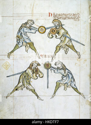 Diese Manuskriptseite von „Frau I33“ zeigt eine beleuchtete Szene, die komplexe mittelalterliche Kunst zeigt und Szenen von Rittern und Ritterleben detailliert zeigt, die charakteristisch für Manuskripte aus dem 14. Jahrhundert sind. Stockfoto