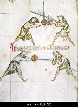 Eine Seite aus dem Manuskript Frau I33 mit einer mittelalterlichen Illustration. Diese Seite ist Teil eines größeren Manuskripts, in dem mittelalterliche Kampftechniken und Waffen vorgestellt werden, und bietet einen Einblick in mittelalterliche Kampfkünste und historische Kampfpraktiken. Stockfoto