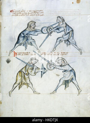 Eine Manuskriptseite von „Frau I33“, auf der ein beleuchtetes Folio mit historischen Themen gezeigt wird. Das Manuskript enthält mittelalterliche Illustrationen und Texte, die Schlüsselereignisse dieser Zeit darstellen. Stockfoto