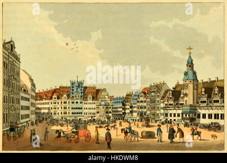 Diese 1804 entstandene Illustration von Leipzig zeigt die geschäftige Marktszene von der Petersstraße aus. Das Bild zeigt urbanes Leben, Handel und Architektur des frühen 19. Jahrhunderts in einem der bedeutendsten Handels- und Kulturzentren Deutschlands. Stockfoto