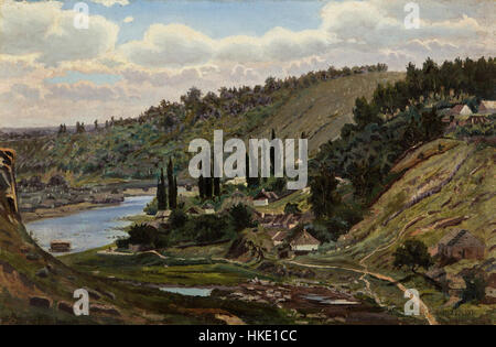 „A Gierymski Widok znad jeziora Ossiach W Karyntii 1886“ von A. Gierymski zeigt eine malerische Landschaft des Ossiacher Sees in Kärnten, Österreich. Das Gemälde fängt die ruhige natürliche Schönheit des Sees und seiner Umgebung ein. Stockfoto