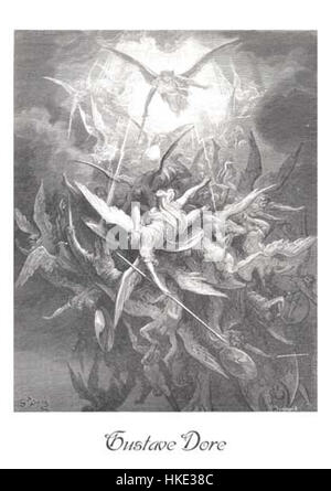 Diese Illustration von Gustave Doré mit dem Titel „Milton Castp“ ist eine dramatische Darstellung von John Miltons Werk „Paradise Lost“. Das Kunstwerk fängt die Intensität des epischen Gedichts mit satten Details und stimmungsvoller Beleuchtung ein. Stockfoto