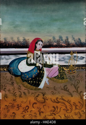 Dieses Hinterglasbild aus dem 19. Jahrhundert zeigt eine Dame mit einer Wasserpfeife, die kulturelle Elemente aus Indien zeigt. Das Kunstwerk kombiniert traditionelle indische Bilder mit der europäischen Kunsttechnik der Glasrückmalerei. Stockfoto