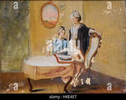 *Hinterglasbild Genreszene Frau mit Kindern und Buch* ist ein traditionelles Glaskunstwerk, das eine Frau mit Kindern darstellt, die sich mit Lesen beschäftigt. Die Szene fängt das ruhige Wohnleben ein und hebt die komplizierten Details und sanften Farben hervor, die typisch für das Genre sind. Solche Werke waren im Mitteleuropa des 19. Jahrhunderts beliebt und werden für ihre detaillierte Darstellung des Alltags geschätzt. Stockfoto