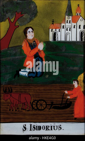 Ein Hinterglasbild aus dem 19. Jahrhundert, das den Heiligen Isidor darstellt und traditionelle europäische religiöse Kunsttechniken zeigt. Stockfoto