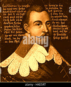 Dieses Porträt von Gustav II. Adolf von Schweden, bekannt als Gustav Adolf, zeigt den schwedischen König in Militärkleidung. Das Gemälde spiegelt die historische Bedeutung seiner Herrschaft und militärischen Führung im frühen 17. Jahrhundert wider. Stockfoto