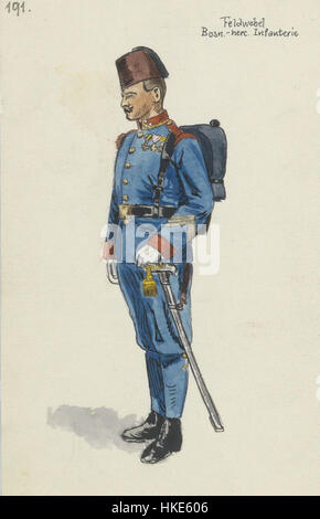 Diese Abbildung zeigt die Uniformen der kaiserlich-königlichen Armee um 1914, die Details der Militärkleidung vor dem Ersten Weltkrieg einfangen. Das Design unterstreicht die historische Präzision der österreichisch-ungarischen Militäruniformen. Stockfoto