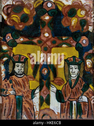 Dieses Hinterglasbild aus dem 19. Jahrhundert stellt die Heiligen Konstantin und Helena dar und zeigt ihre bedeutende Rolle in der christlichen Geschichte. Das Stück ist ein Beispiel religiöser Kunst aus den 1800er Jahren Stockfoto