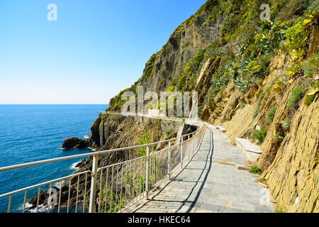 Via Dell Amore, The Art of Love, berühmten Fußgängerzone zwischen Manarola und Riomaggiore. Nationalpark Cinque Terre, Ligurien Italien Europa. Stockfoto