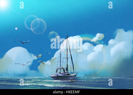 Das Segelboot im Meer gegen Sommerhimmel mit großen Wolken, Illustration, Malerei Stockfoto