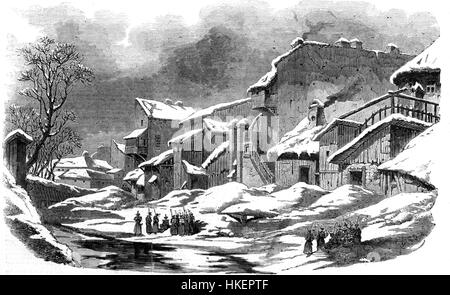 Die *Podul Calicilor* Illustration der *Illustrated London News* von 1841 zeigt die kulturelle und historische Bedeutung einer rumänischen Brücke. Das Kunstwerk ist eine visuelle Aufzeichnung der Struktur und ihrer Position im rumänischen Erbe. Stockfoto