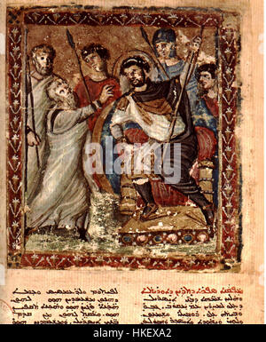 Diese beleuchtete Manuskriptseite aus der syrischen Bibel, die Moses vor dem Pharao darstellt, präsentiert eine historische und religiöse Szene von großer Bedeutung und zeigt alte christliche künstlerische Traditionen in biblischer Illustration. Stockfoto
