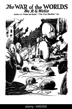 Das originale Schwarz-weiß-Cover von H.G. Wells' 'Krieg der Welten' zeigt eine dramatische Darstellung der Marsinvasion des Romans, ein ikonisches Bild aus der Science-Fiction-Literatur des frühen 20. Jahrhunderts. Stockfoto