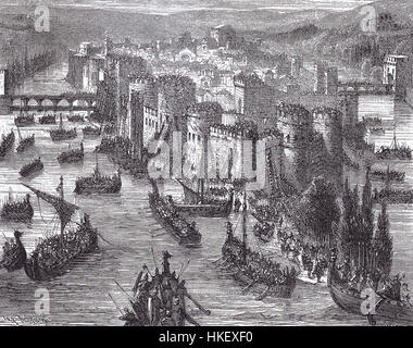 Dieses historische Gemälde zeigt die Belagerung von Paris durch die Wikinger im Jahre 845, ein zentrales Ereignis in der mittelalterlichen europäischen Geschichte. Der Angriff der Wikinger auf die Stadt markierte einen bedeutenden Moment bei den Wikingereinfällen in Frankreich im frühen Mittelalter. Stockfoto