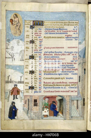 Dieses Kunstwerk zeigt eine Kalenderseite aus einer mittelalterlichen Handschrift aus dem 15. Jahrhundert. Die beleuchtete Illustration zeigt den Januar und bietet einen Einblick in mittelalterliche künstlerische Stile und die kulturellen Praktiken rund um Zeitmessung und Festivals. Stockfoto