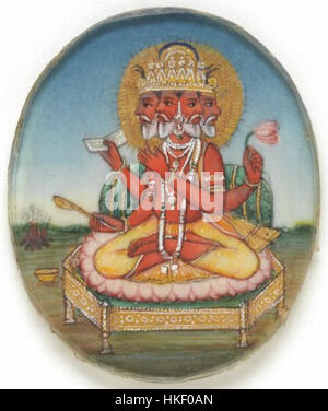 Dieses Rundbild repräsentiert Brahma, den hinduistischen Gott der Schöpfung, dargestellt in der traditionellen indischen Kunst. Das Kunstwerk veranschaulicht seine göttlichen Attribute und seine symbolische Präsenz in der hinduistischen Mythologie. Stockfoto