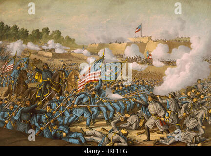 Dieses Gemälde zeigt die Schlacht von Williamsburg, eine bedeutende Auseinandersetzung während des Amerikanischen Bürgerkriegs 1862. Das Kunstwerk zeigt die Zusammenstöße von Gewerkschaften und Konföderierten in der Landschaft Virginias. Stockfoto